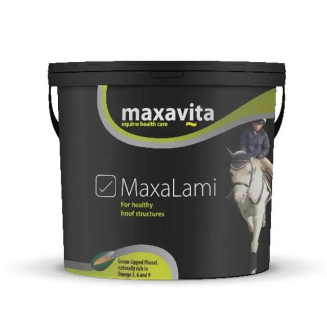 Black plastic bucket with green and white maxavita maxalami label for healthy horse hoof care in equestrian use