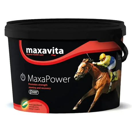 Black plastic maxavita maxapower bucket with red white label for equine health to promote optimal muscle function in hard working horses