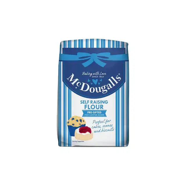 Mcdougalls self raising flour in a blue and white striped bag with a decorative bow perfect for baking raising flour needs