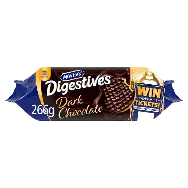 Mcvities dark choc digestives biscuits in a 266g blue and gold foil pack with rich dark chocolate coating