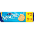 Mcvities rich tea biscuits in vibrant blue and yellow tin showing golden brown cookies perfect with jimmys iced coffee