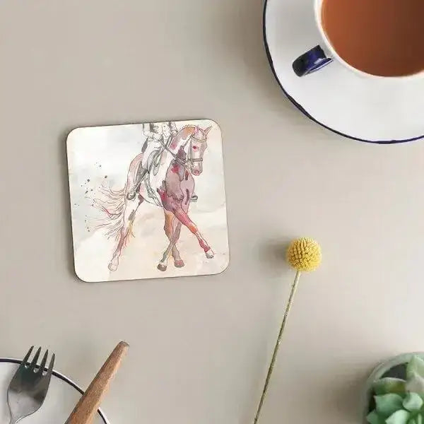 Square melamine coasters dressage with pastel watercolor horse rider illustration and durable long-lasting melamine material