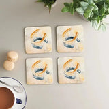Set of four durable long-lasting melamine coasters horseshoes with gold and blue watercolor horseshoes on cream background