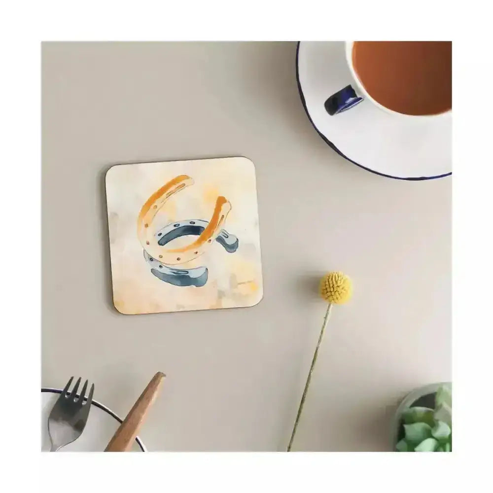 A square melamine coasters horseshoes with golden yellow and muted blue gray horseshoes design durable long-lasting melamine
