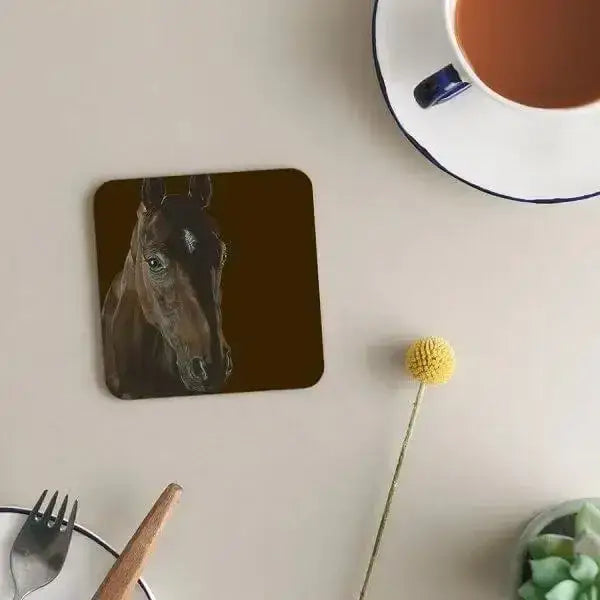 Dark brown melamine coaster featuring a detailed horse head portrait designed as durable long-lasting melamine coasters