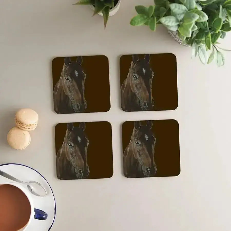 Set of four durable long-lasting melamine coasters with dark brown horse portraits on a warm-toned background