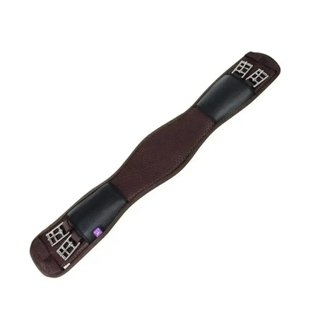Memory foam dressage girth in brown leather with black padded sections and silver buckles to ensure maximum breathability