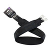 Black memory foam girth with silver buckles and branded tag made from coolmax material for comfort and durability