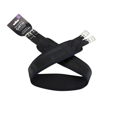 Black memory foam girth with silver buckles and branded tag made from coolmax material for comfort and durability