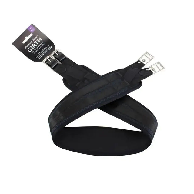 Black memory foam girth with silver buckles and branded tag made from coolmax material for comfort and durability