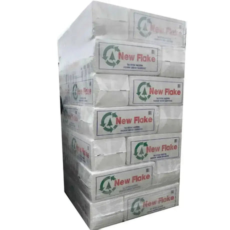 Stack of white mendip new flake large flake shaving horse bedding wrapped in clear plastic double dust extracted