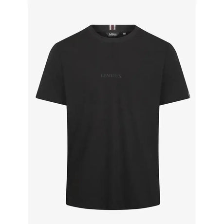 Black short-sleeved mens lemieux t-shirt with subtle lumiere embroidery and branded collar tag for elite young mens style