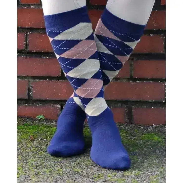 Navy blue rhinegold fully cushioned riding socks with pink and cream argyle knee-high design for men