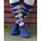 Navy blue rhinegold fully cushioned riding socks with pink and cream argyle knee-high design for men