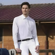 White mens show shirt equi theme long sleeve mesh polo with crisp collar and subtle brand logo on chest