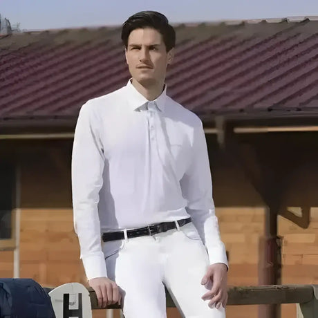 White mens show shirt equi theme long sleeve mesh polo with crisp collar and subtle brand logo on chest
