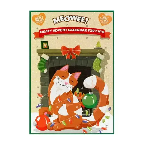 Meowee meaty cat advent calendar with a cartoon orange and white cat and festive holiday decorations for cats