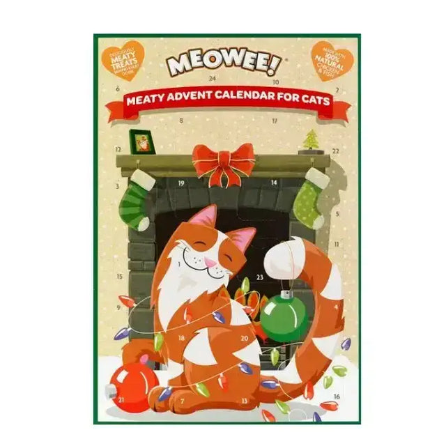 Meowee meaty cat advent calendar with a cartoon orange and white cat and festive holiday decorations for cats
