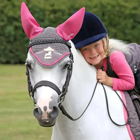Pink and gray close knit crochet merry go round rider fly veil with carousel design for horses