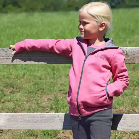 Pink zip-up fun fleece jacket with gray trim and lining by little rider perfect for outdoor coats and play