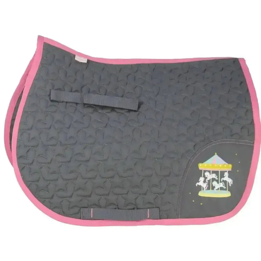 Merry go round round saddle pad by little rider black quilted with pink trim and contrasting pink stitching carousel design