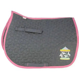 Merry go round round saddle pad by little rider black quilted with pink trim and contrasting pink stitching carousel design