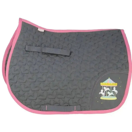 Merry go round round saddle pad by little rider black quilted with pink trim and contrasting pink stitching carousel design
