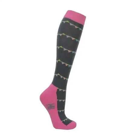 Pink and black knee-high merry go round socks with multicolored bunting made from breathable bamboo fabric for rider’s outfit