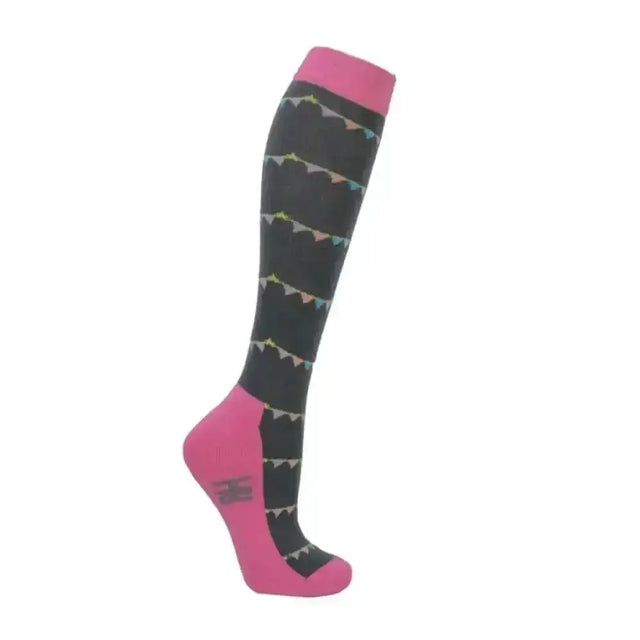 Pink and black knee-high merry go round socks with multicolored bunting made from breathable bamboo fabric for rider’s outfit