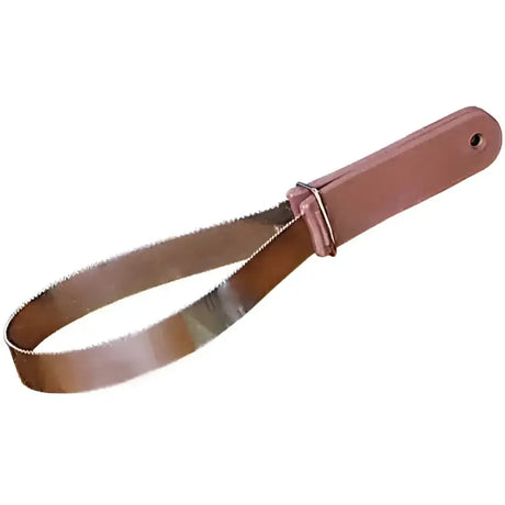 Metal sweat scraper with brown leather handle spring steel serrated shedding blades sweat tool with reinforced stitching