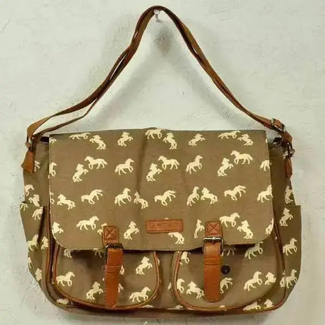 Olive green metro canvas horse messenger bag with white horse patterned print and brown leather straps and accents
