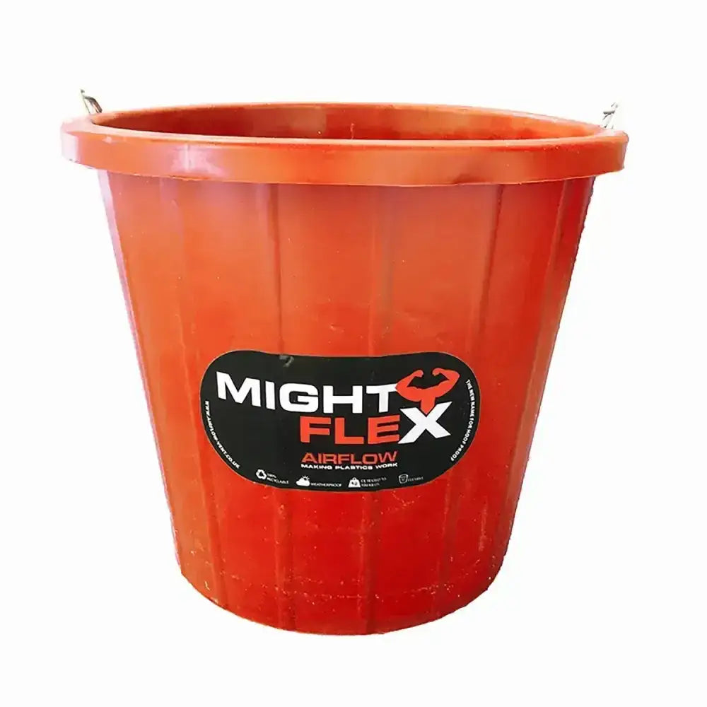 Bright orange mightyflex calf multi purpose plastic bucket 10 lt with black and white might flex logo sticker designed to withstand kicks
