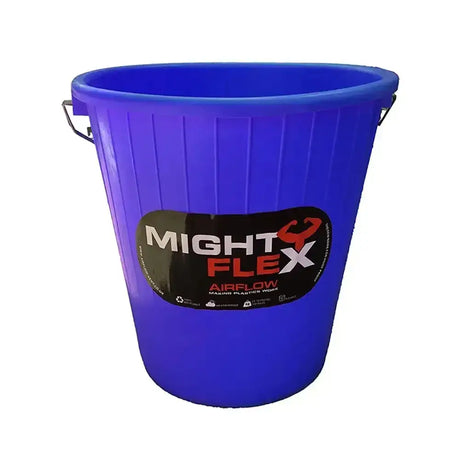 Bright blue plastic mightyflex calf multi purpose bucket with metal handles and black might flex label designed to withstand kicks