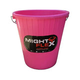 A bright pink mightyflex calf multi purpose plastic bucket with metal handles and a black label that can withstand kicks