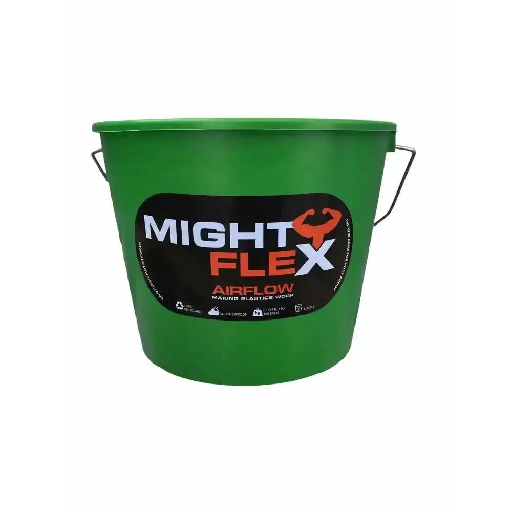 Green plastic mightyflex mini calf multi-purpose bucket 2.5 lt with black and orange label for easy carrying