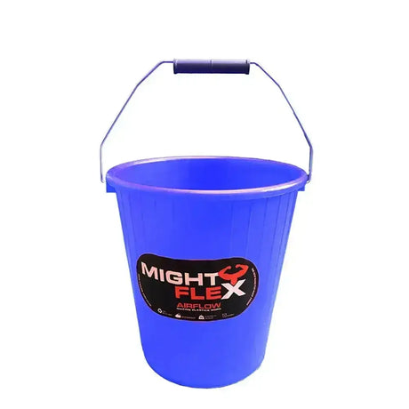 Bright blue plastic mightyflex premier calf multi purpose bucket with black and red mightflex airflow logo on the side