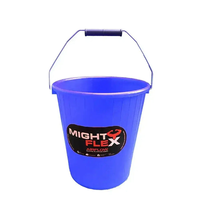 Bright blue plastic mightyflex premier calf multi purpose bucket with black and red mightflex airflow logo on the side