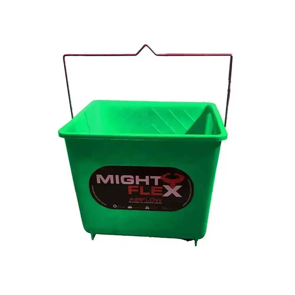 Green plastic mightyflex square calf multi purpose bucket with metal handle and oval might flex logo sticker