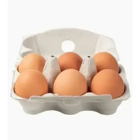 A white cardboard egg carton holding six brown eggs from mikes eggs to provide fresh fuel for hungry riders