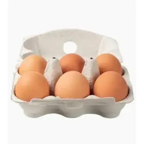 A white cardboard egg carton holding six brown eggs from mikes eggs to provide fresh fuel for hungry riders
