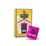 Miles tea berry berry envelope teabags in a vibrant yellow and pink box with an illustrated cottage design