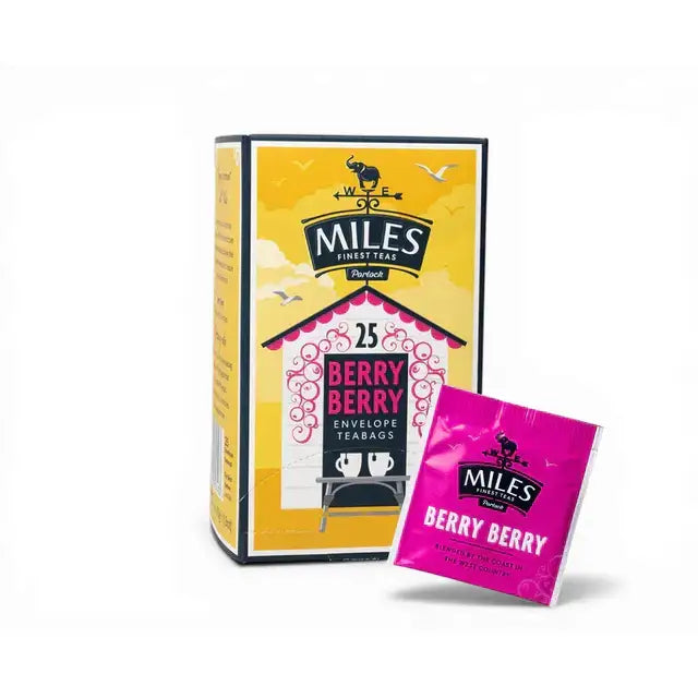 Miles tea berry berry envelope teabags in a vibrant yellow and pink box with an illustrated cottage design
