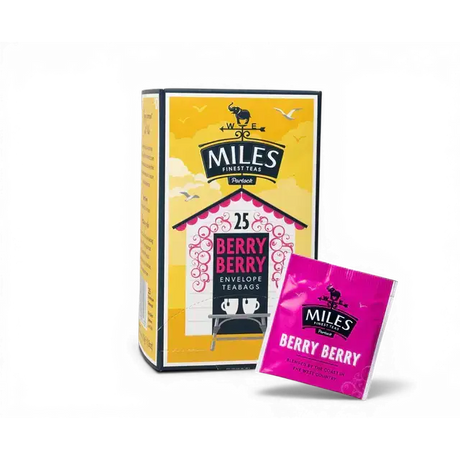Miles tea berry berry envelope teabags in a vibrant yellow and pink box with illustrated cottage design