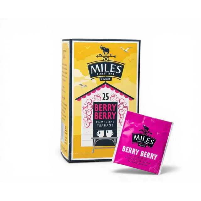 Miles tea berry berry envelope teabags in a vibrant yellow and pink box with illustrated cottage design