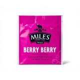 A vibrant pink berry envelope teabag packet from miles tea labeled berry berry for coffee berry lovers