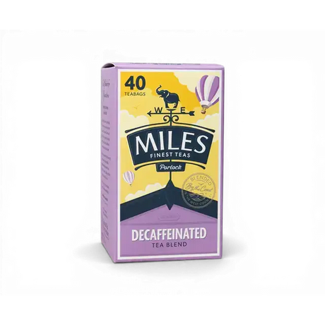Purple and yellow box of miles tea west country decaffeinated teabags with parlock tea blend
