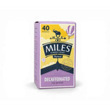 Purple and yellow box of miles tea west country decaffeinated teabags parlock tea blend for a smooth cup