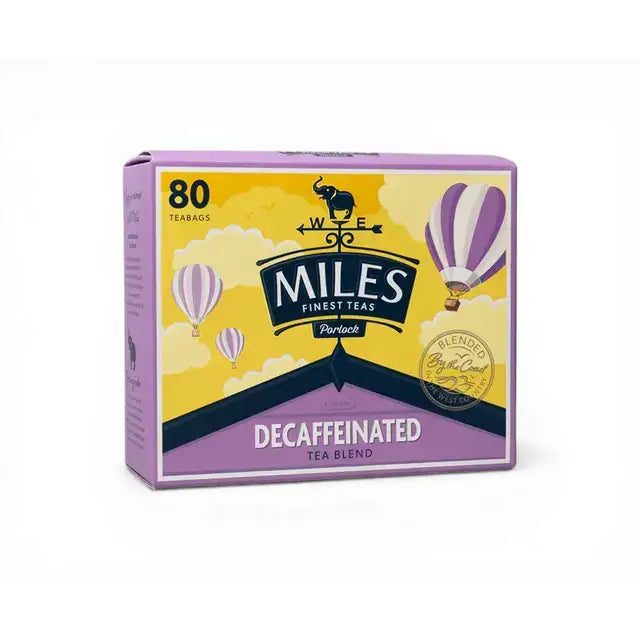 Purple and yellow box of miles tea decaffeinated teabags featuring west country hot air balloons design