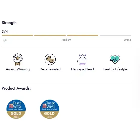 Award-winning miles tea decaffeinated teabags with heritage roast and gold medals from taste of the west 2023 2024