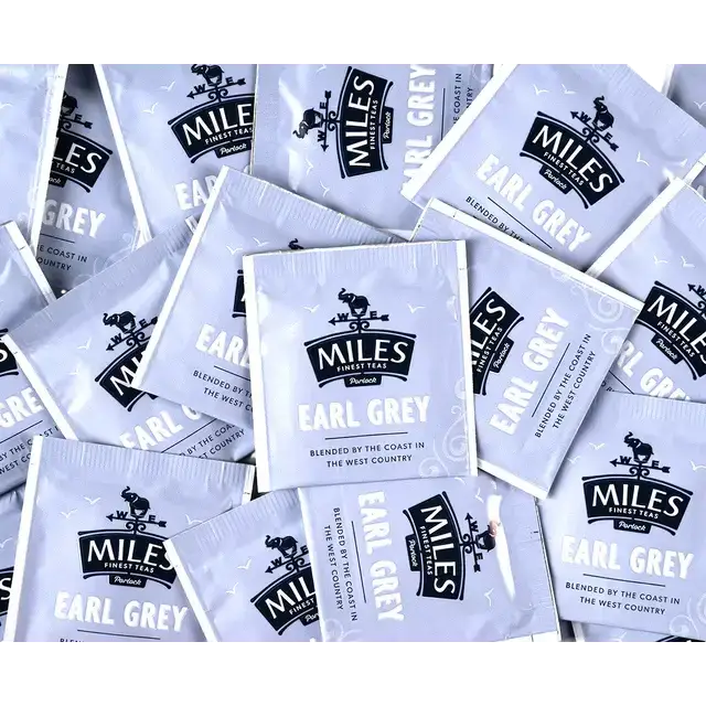 Light blue and black miles finest teas earl grey envelope teabags in grey envelope packaging for easy brewing